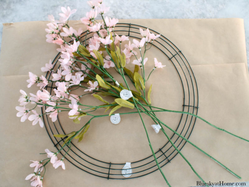 wired wreath and pink faux branches