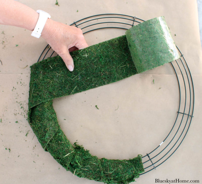 wrapping wired wreath moss ribbon