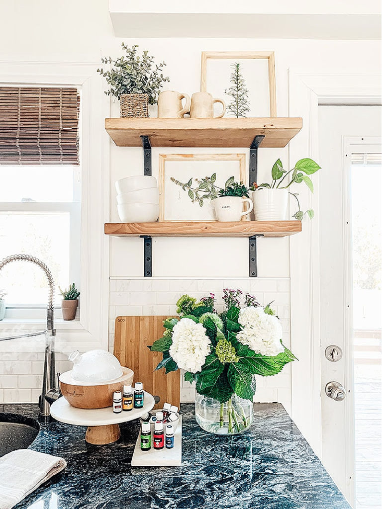 spring kitchen with open wood shelves