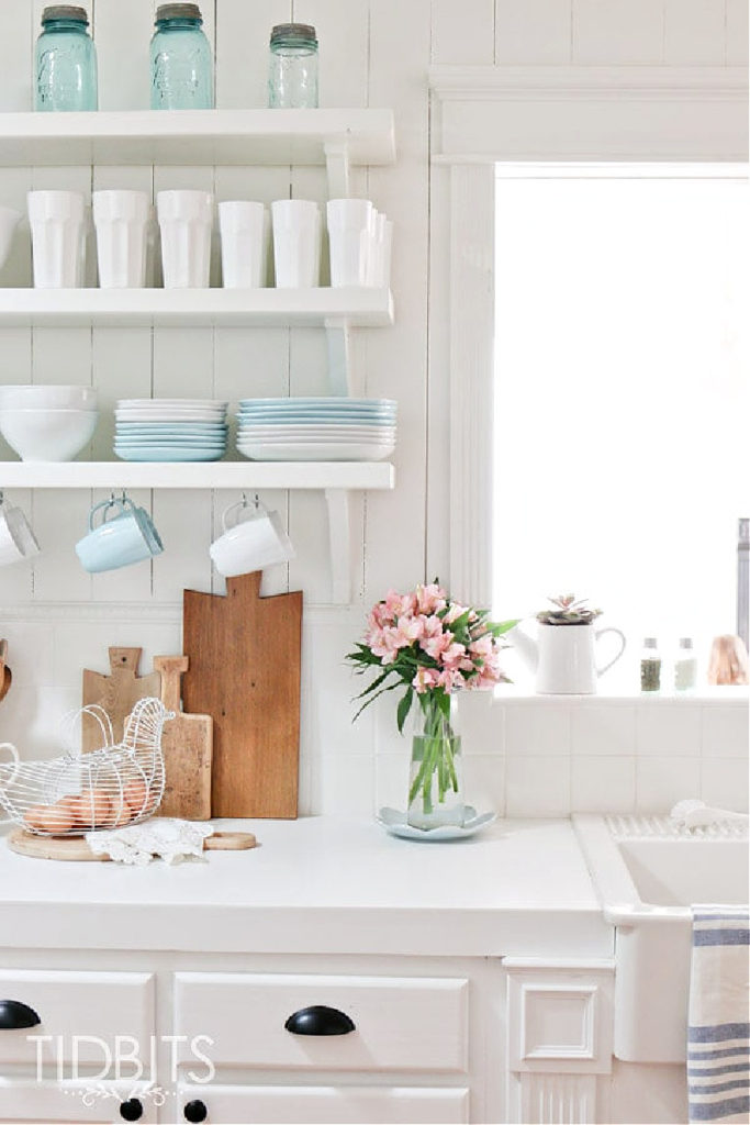 spring kitchen with blue and white dishes