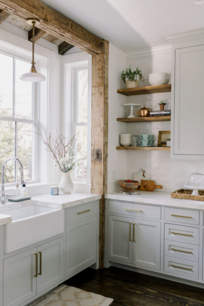 kitchen with wood beam and wood shelves