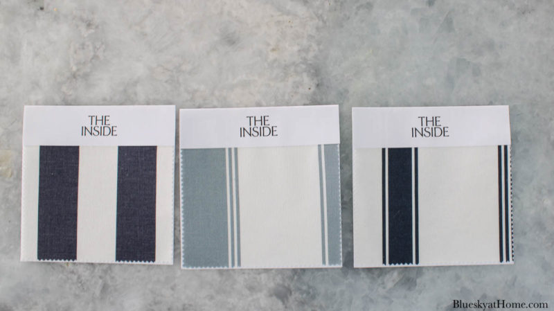 swatches of three fabrics in blue and white