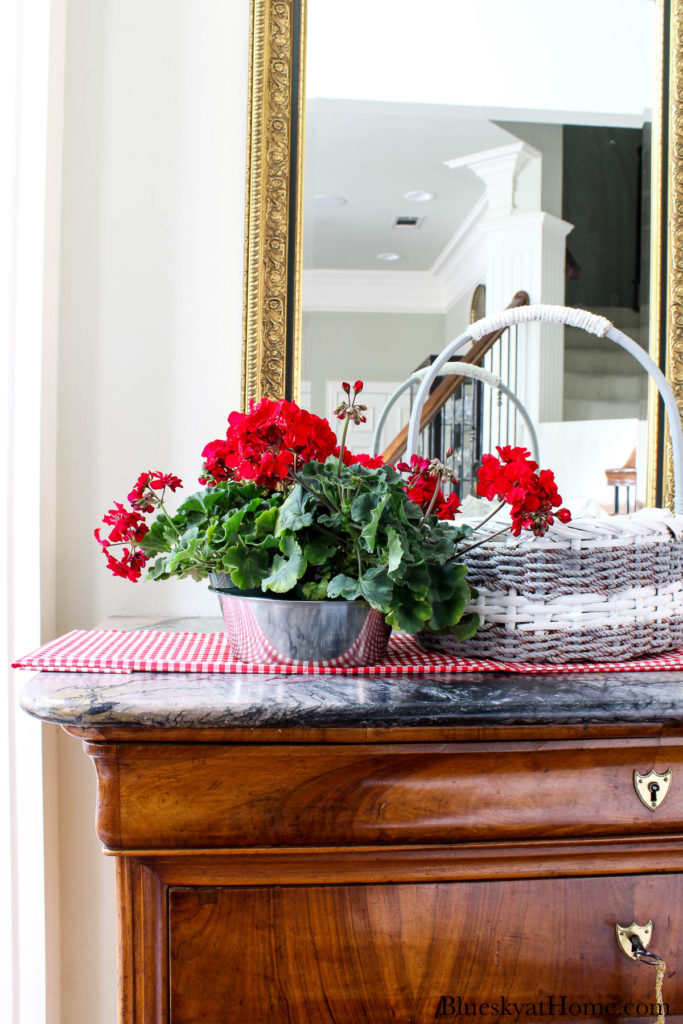 red geraniums in silver bowl