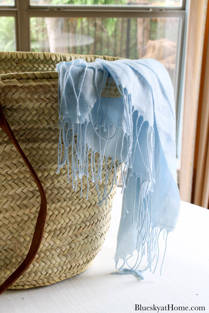 French market tote with blue shawl