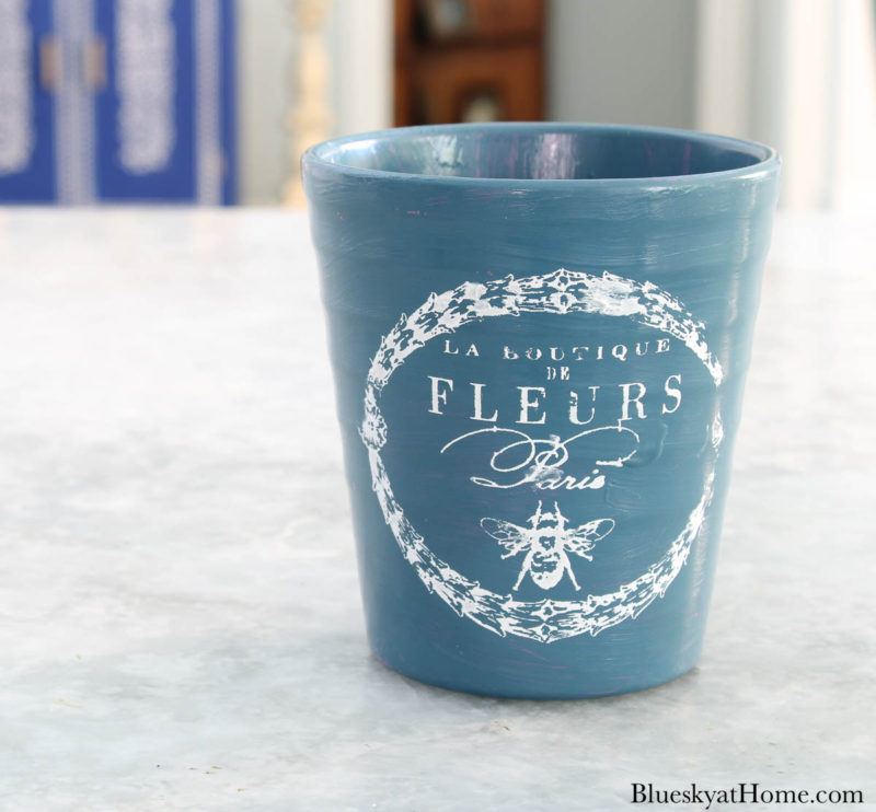 blue ceramic flower pot with French stencil