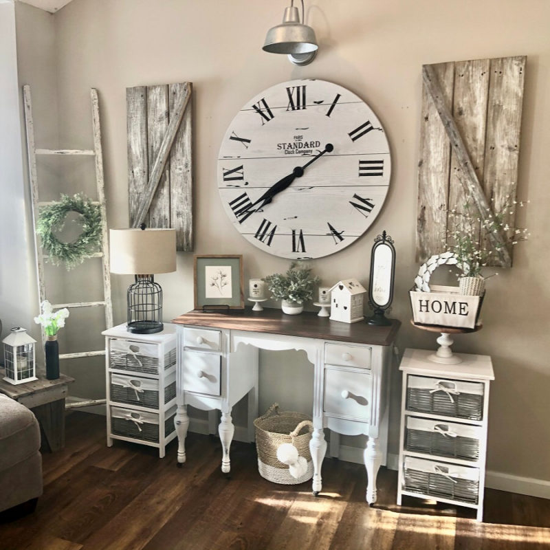 Farmhouse wall treatment with clock and shutters