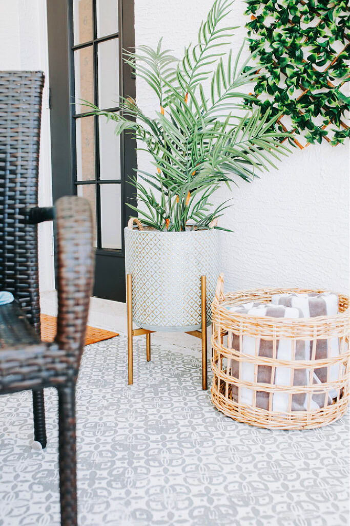 summer home decor with white planter and basket