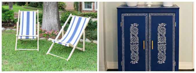 cabana chairs and blue stencil cabinet