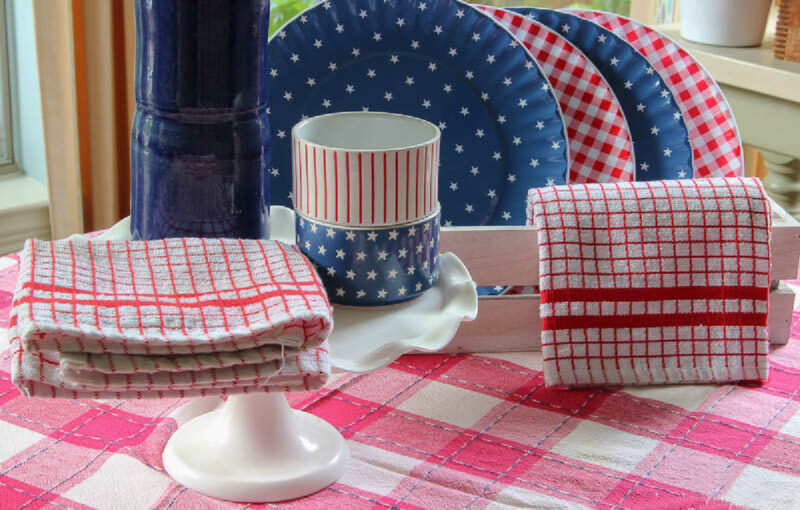 patriotic table vignette with red check dishtowels