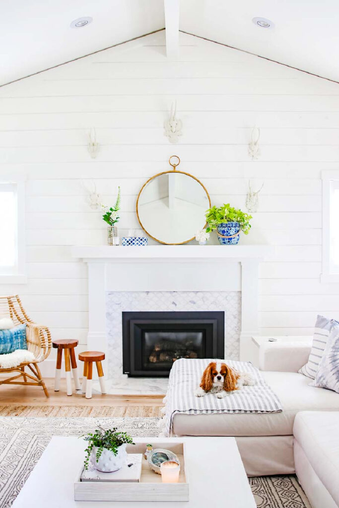 blue and white summer home decor mantel