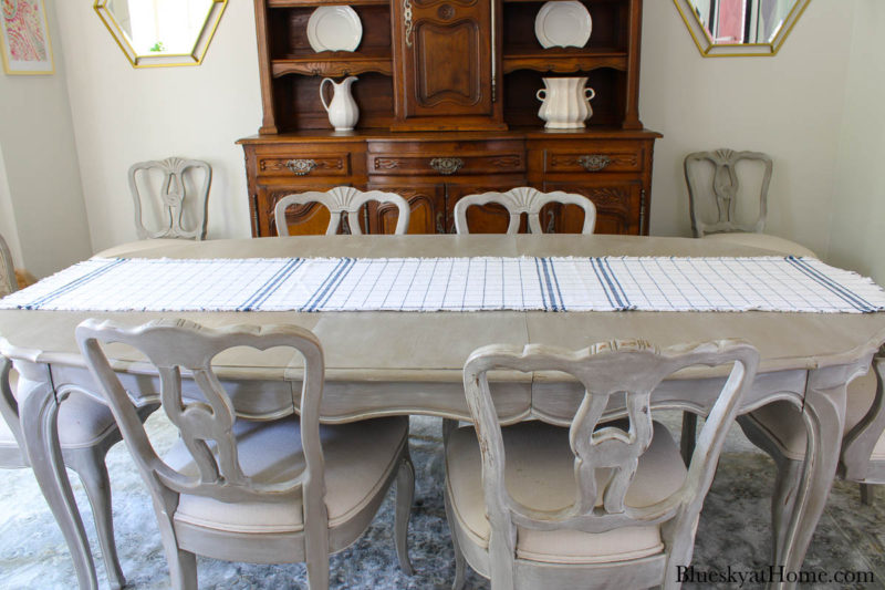 blue and white check runner on table