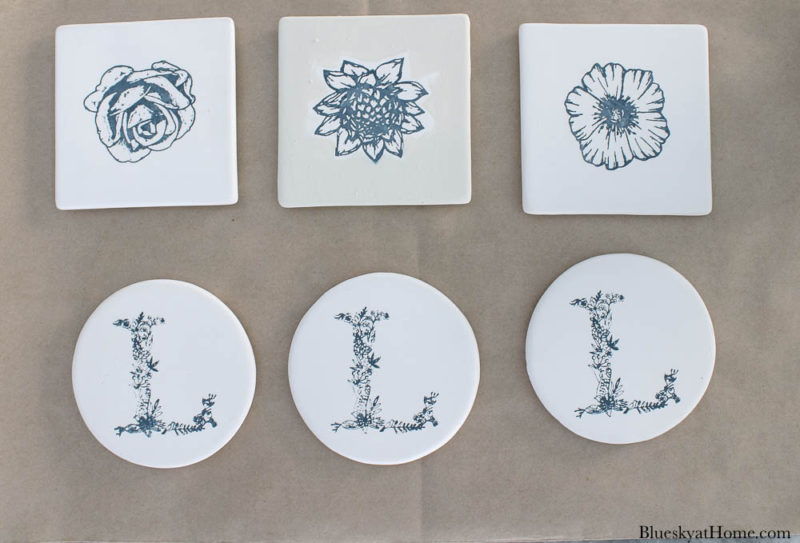 monogrammed tile coasters with blue letter and florals