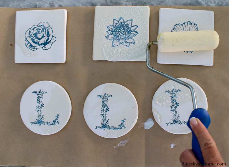 sealing tile coasters with paint roller