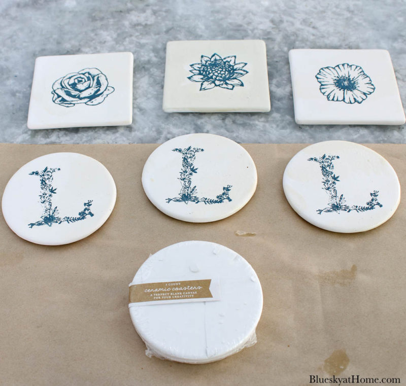 stenciled decorated tile coasters