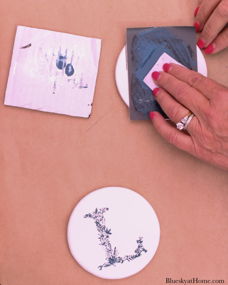 stenciling monogram on tile coaster