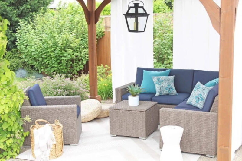 patio furniture with blue cushions