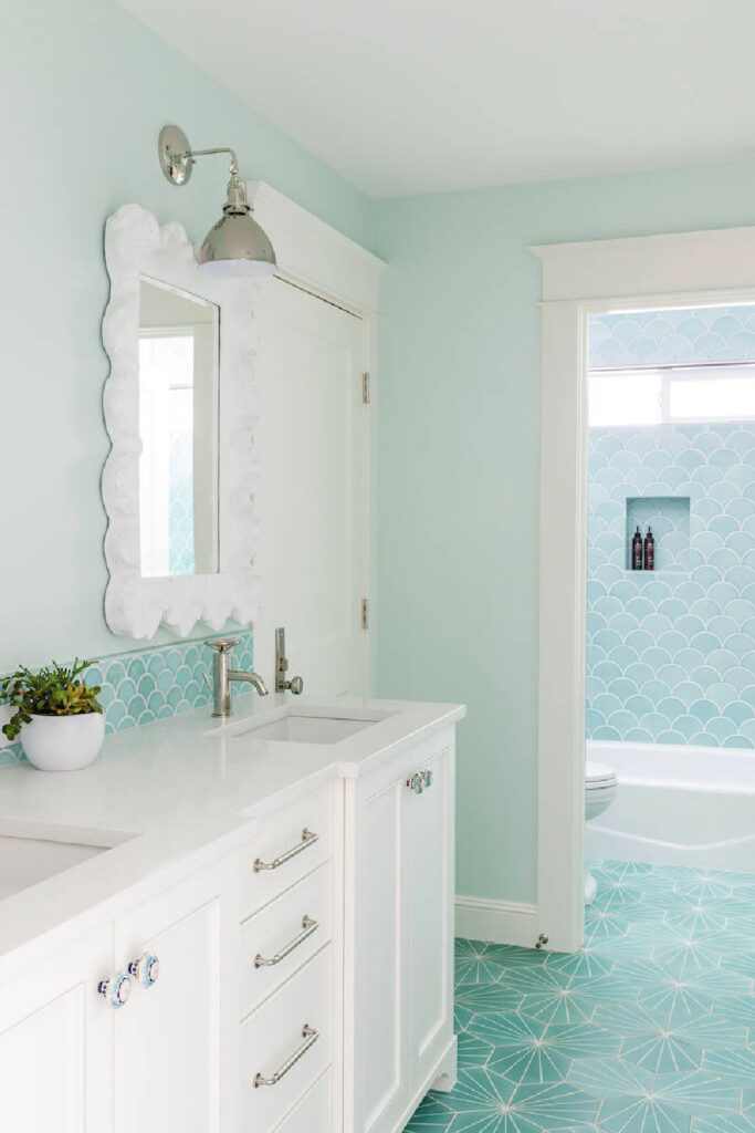 pale aqua blue on bathroom walls and aqua and white on bathroom floors