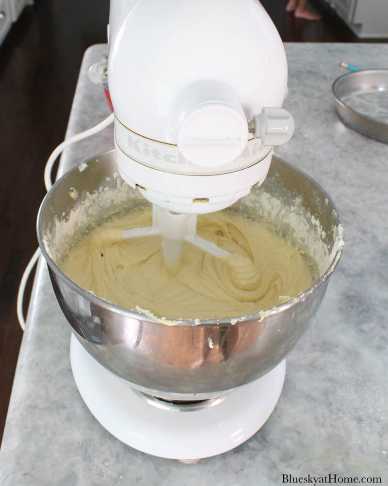 mixing vanilla cake batter