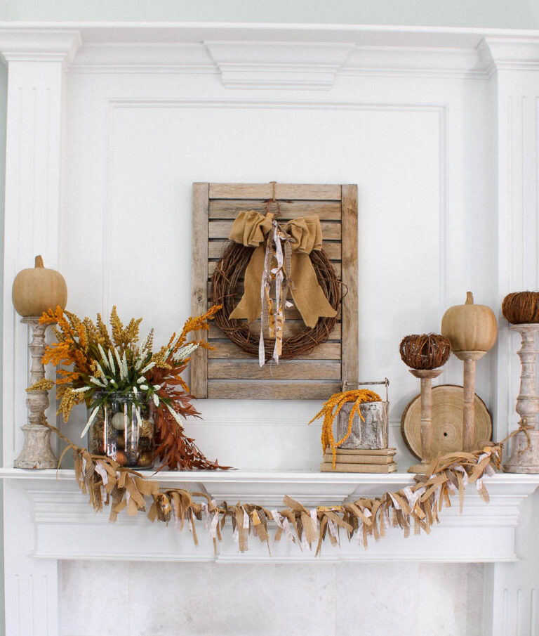 fall mantel with fabric and burlap banner