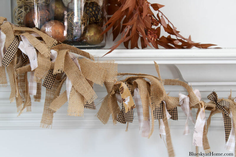 burlap and fabric garland on fall mantel