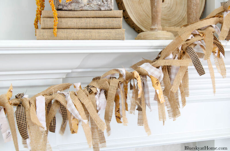 burlap and fabric garland on fall mantel