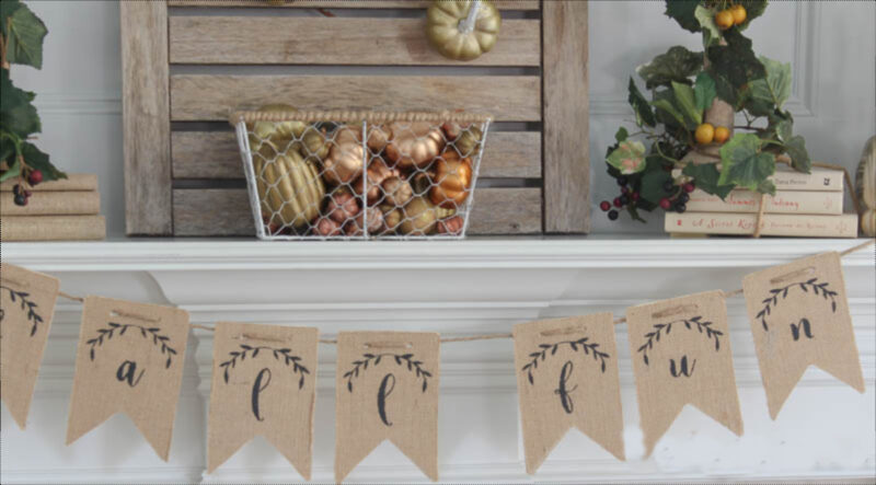 fall mantel with burlap letters