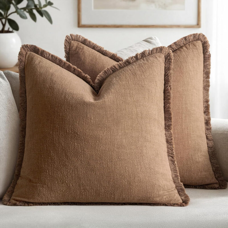 light brown fall cotton pillows with fringe