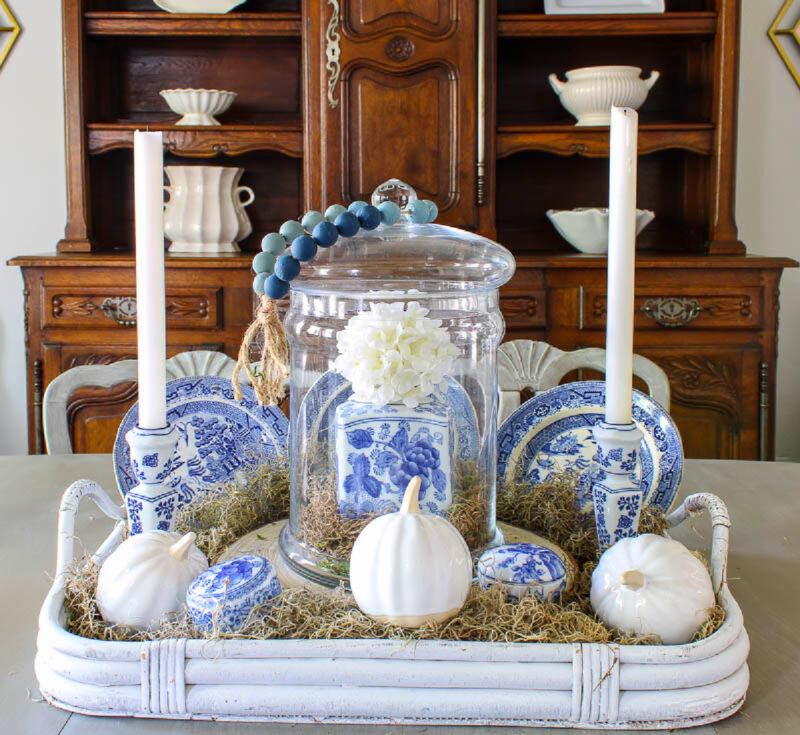 white tray with blue and white accent pieces