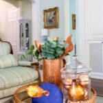 fall living room accessories in blue and copper