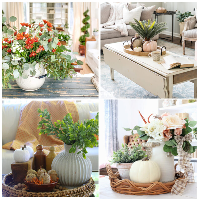 collage of summer transitioning to fall home decor