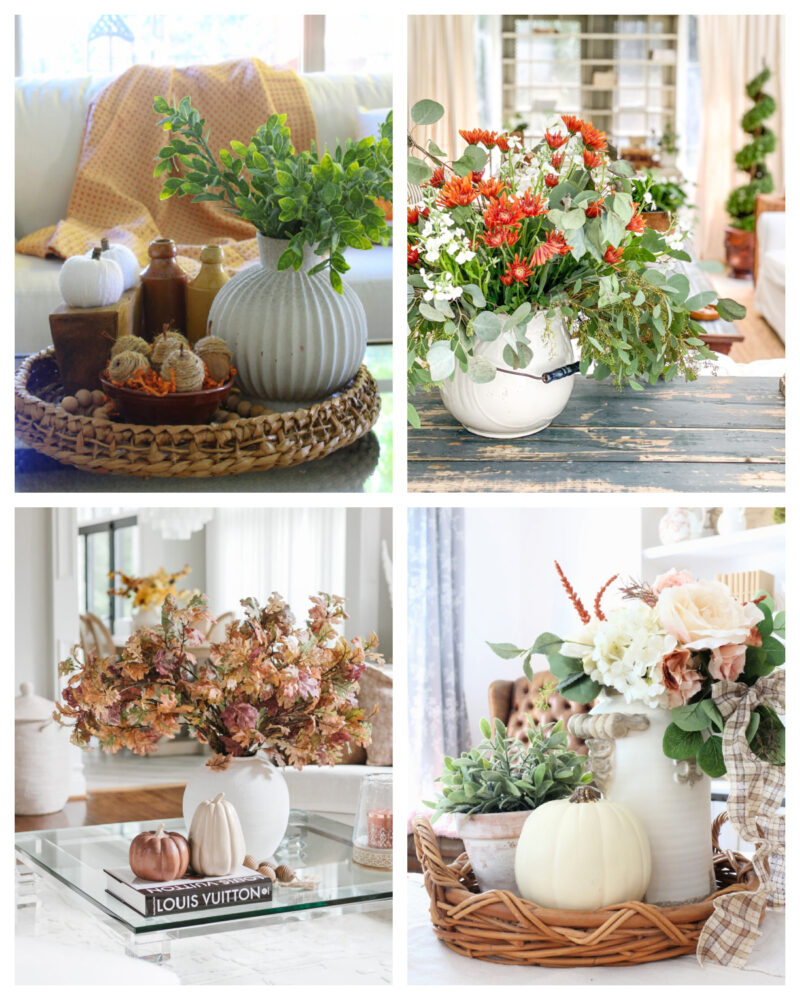 collage of summer transitioning to fall home decor