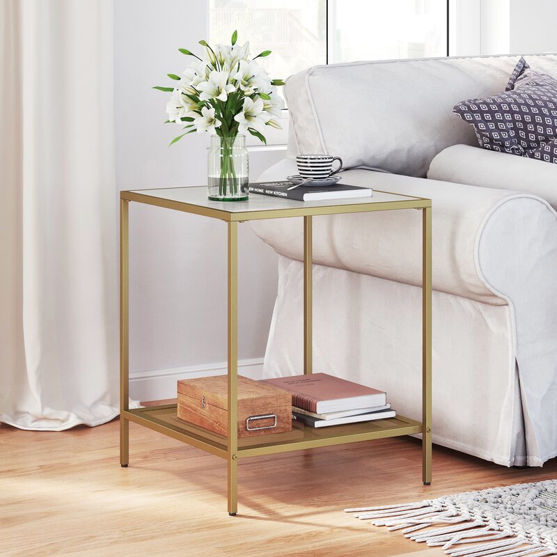 glass and metal end table with three shelves for living room update