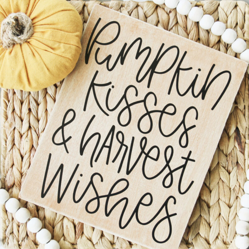 fall sign with pumpkin kisses and harvest wishes