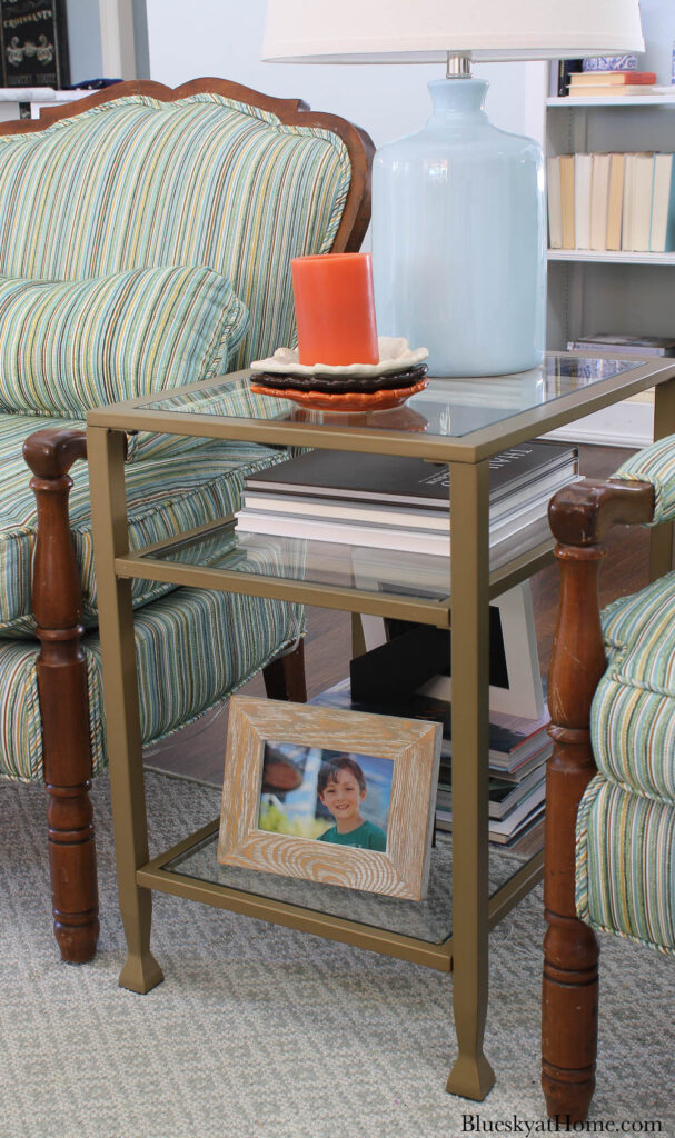 glass and metal end table with three shelves for living room update for living room update