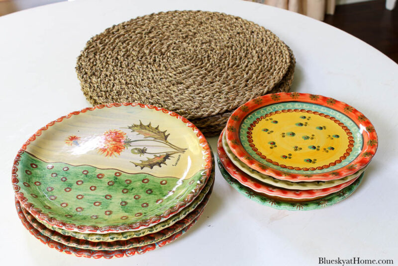 woven placemats and fall colored dinner and salad plates