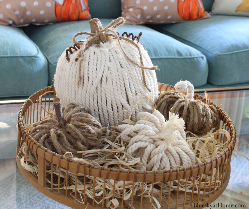 rope and twine pumpkins in round tray