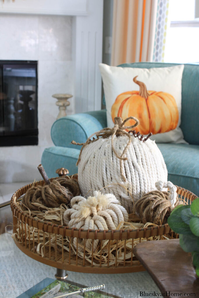 white rope pumpkin and twine pumpkins