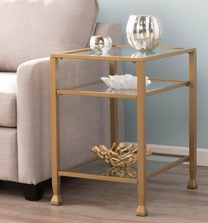 glass and metal end table with three shelves for living room update