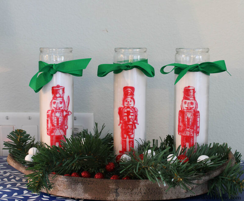 Nutcracker Dollar Tree candles decorated for Christmas