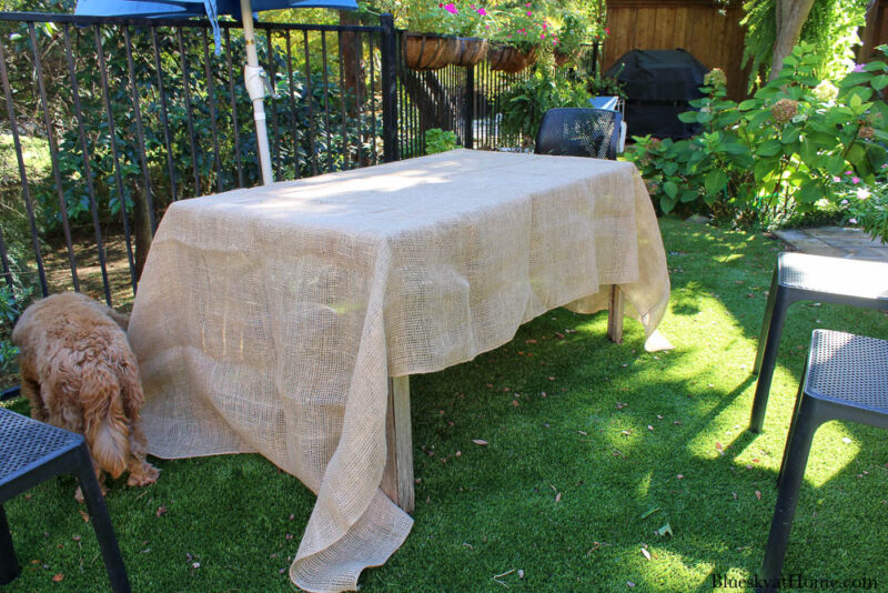 burlap tablecloth on wood table
