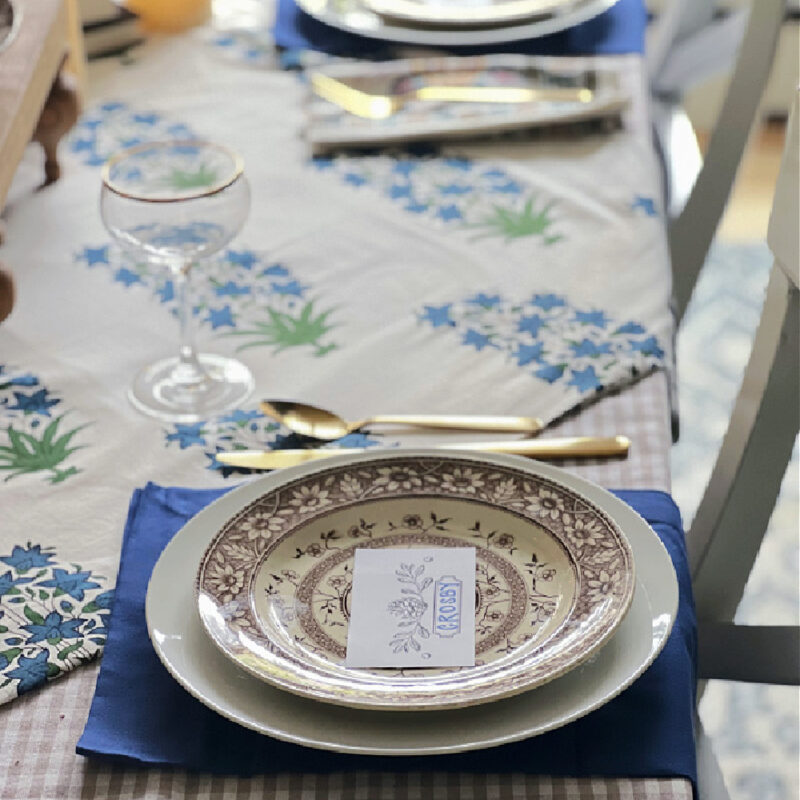 blue and white Thanksgiving table