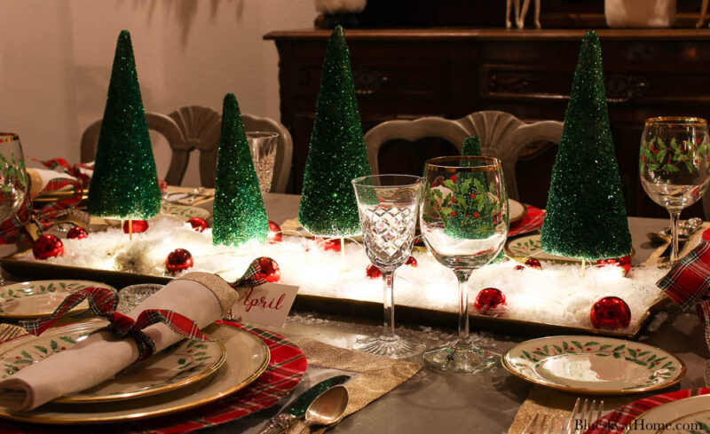 green glitter Christmas tree centerpiece with lights