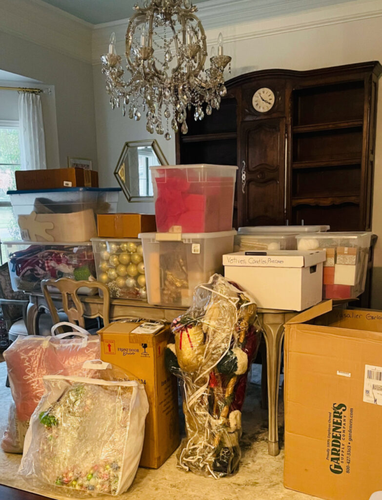 dining room with Christmas boxes