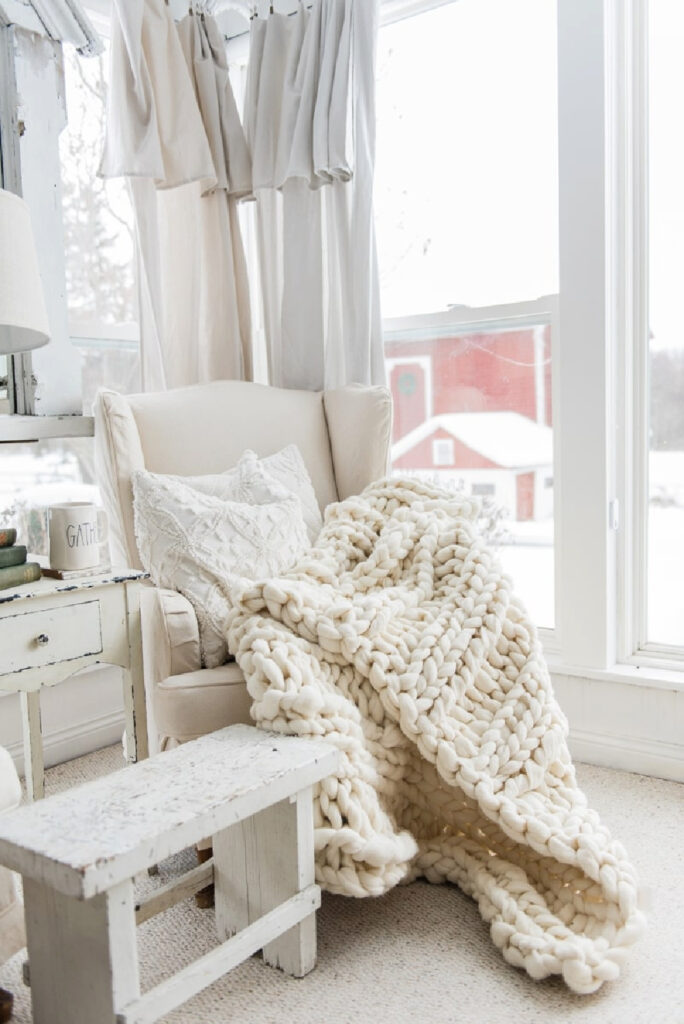 chunky cream throw on white chair