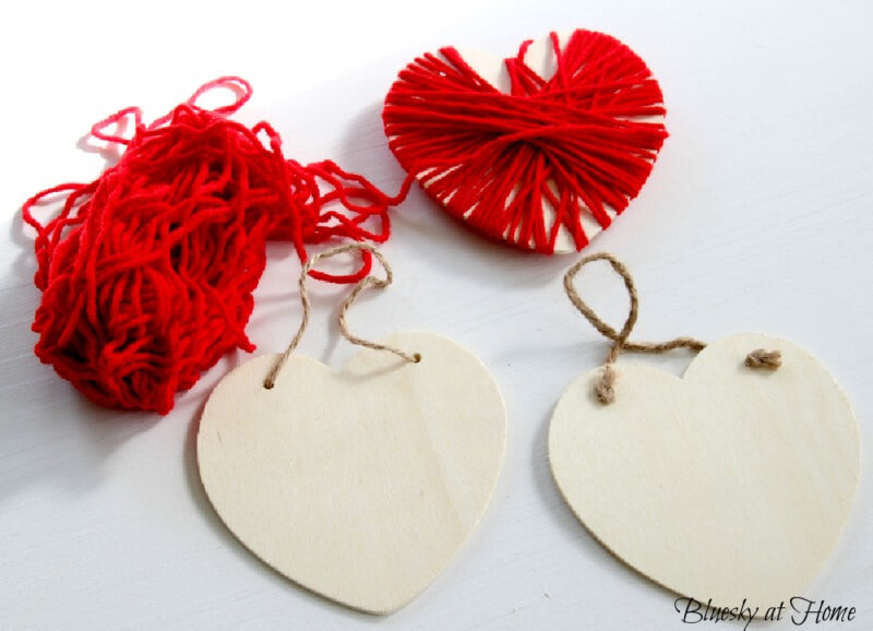 wood and yarn Valentine's Day hearts