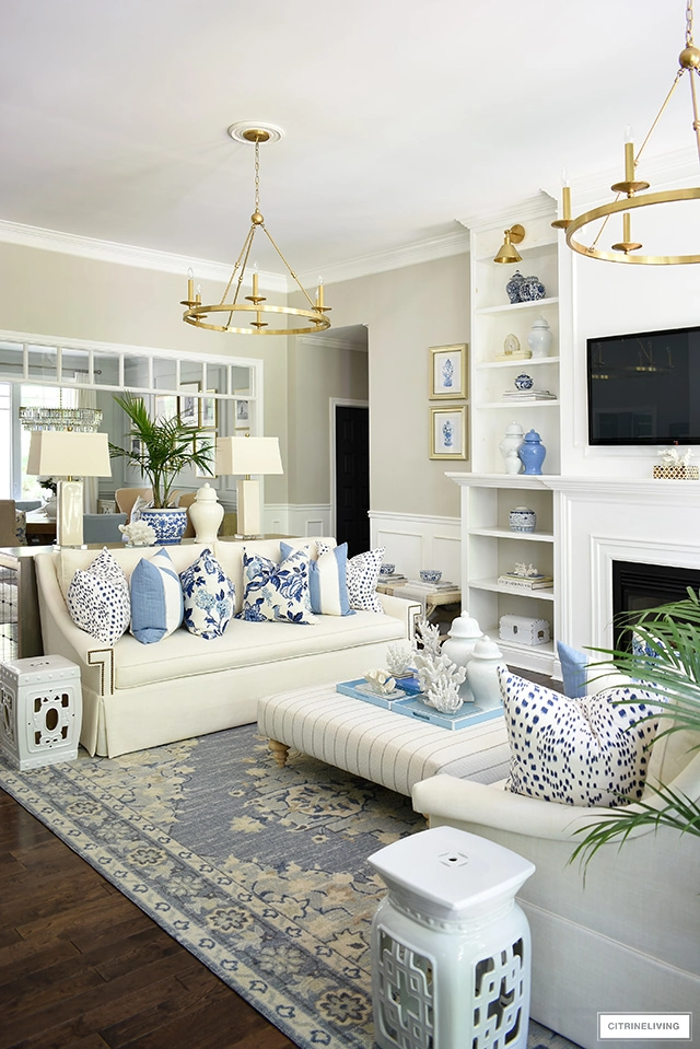 white living room with blue accents