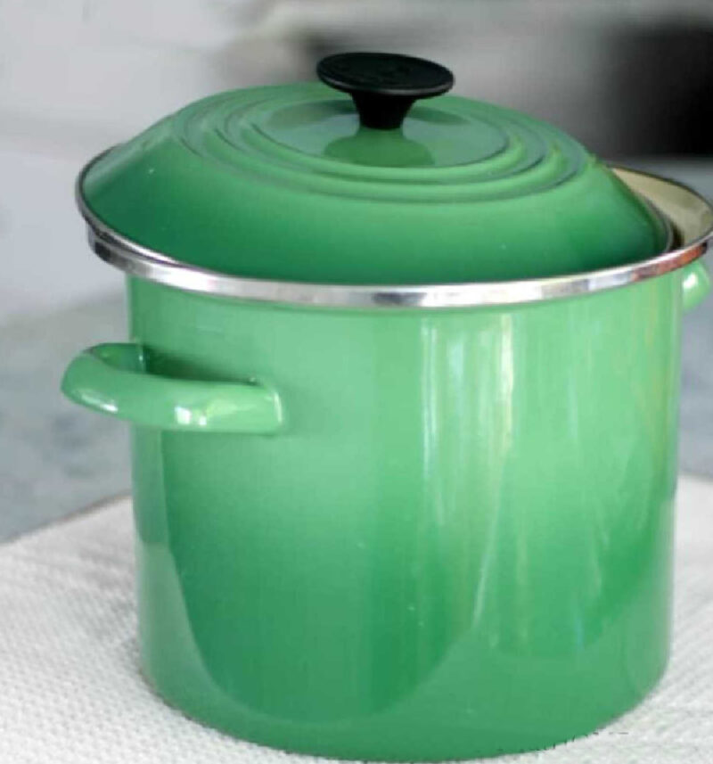 green Le Creuset stock pot for making soup