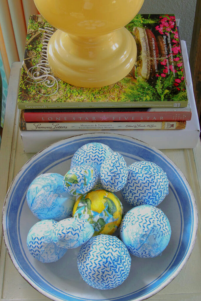 decoupage Easter eggs in an apothecary jar.