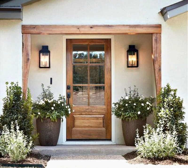 front door entry with brown stained door and plants on each side