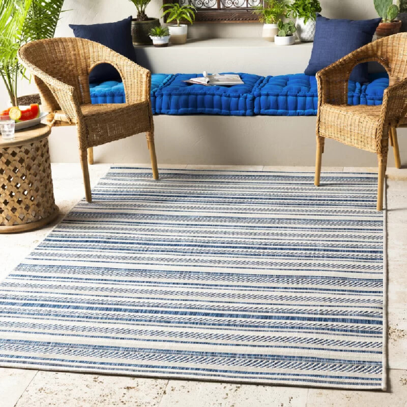 blue and white outdoor rug